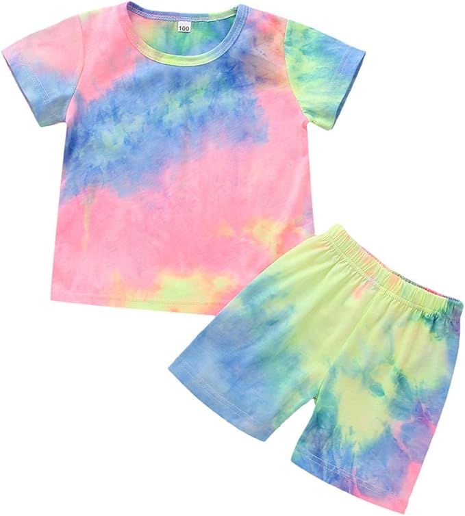 2PCS Toddler Kids Girls Summer Clothes Set Tie-Dye Print Short Sleeve Pullover T-Shirt Top+Elasti... | Amazon (US)