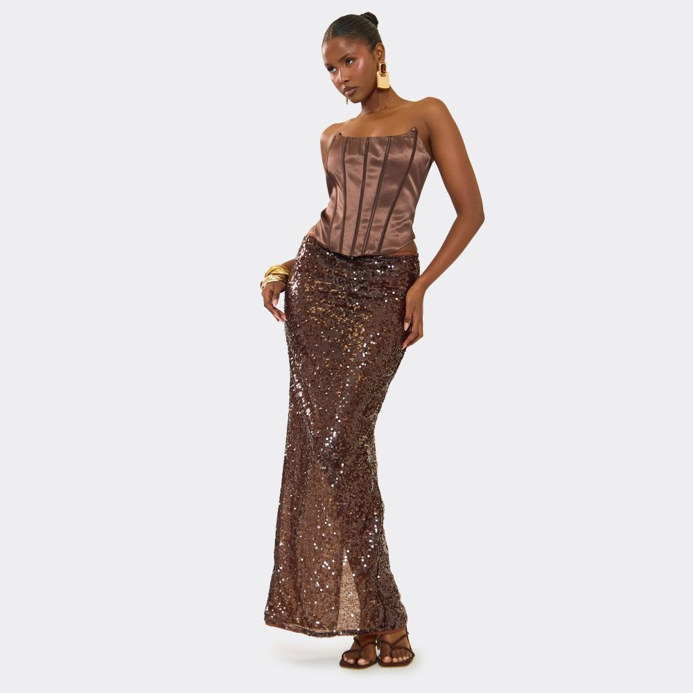 Maxi Skirt In Brown Sequin | EGO (UK)