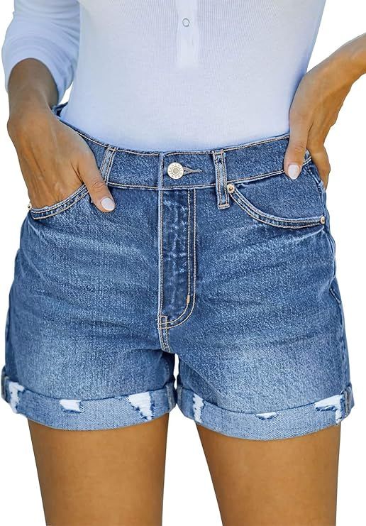 Uqnaivs Womens High Rise Front Buttons Ripped Rolled Hem Casual Denim Jeans Shorts | Amazon (US)