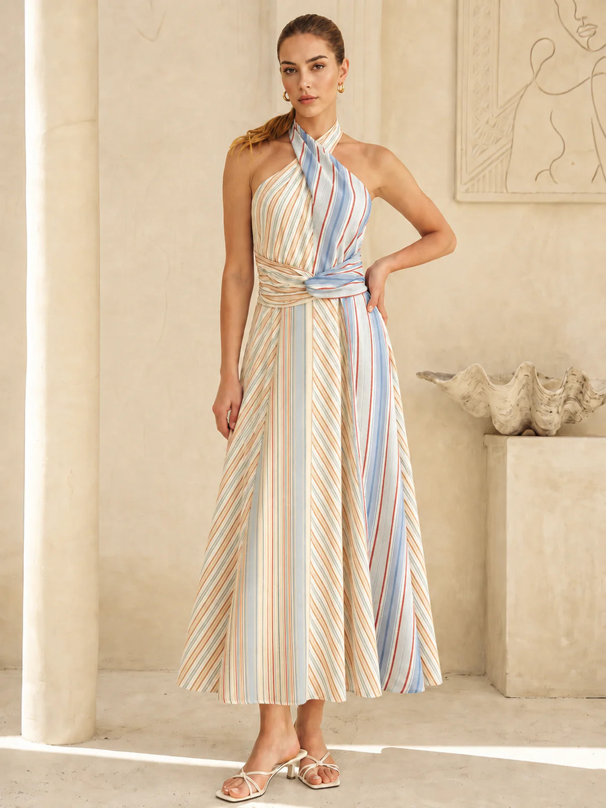 Colorful Stripe Halter Tie-Back Maxi Dress | Commense