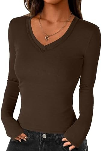 Darong Long Sleeve Tshirts for Women Fall Fashion V Neck Basics Crop Tops Slim Fitted Y2K Tops Ri... | Amazon (US)