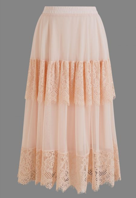 Tiered Lace Panel Mesh Tulle Maxi Skirt in Light Pink for Beach Weddings & Resort Getaways | Chicwish