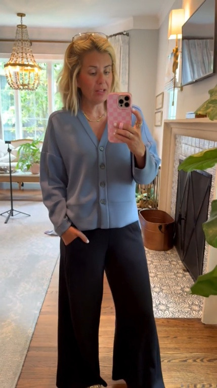 Have y’all seen the Spanx 50% off sale?? This entire look is on sale!l I’m in small petite track pants and xs cardigan. 
Spanx Sizing:
Dress small
Jumpsuit small petite 
Cardigan xs
Boatneck top xs
barrel pants s petite
Leggings s 7/8 length
Sweatshirt xs
Jumpsuit small petite

#LTKdayinmylife #LTKOver40 #LTKSaleAlert
