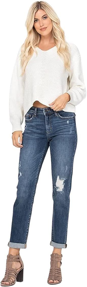 Judy Blue Destroyed Cuffed Mid-Rise Slim Fit Jeans! Cuffed Or Uncuffed. Be You! (Style: 82204) | Amazon (US)
