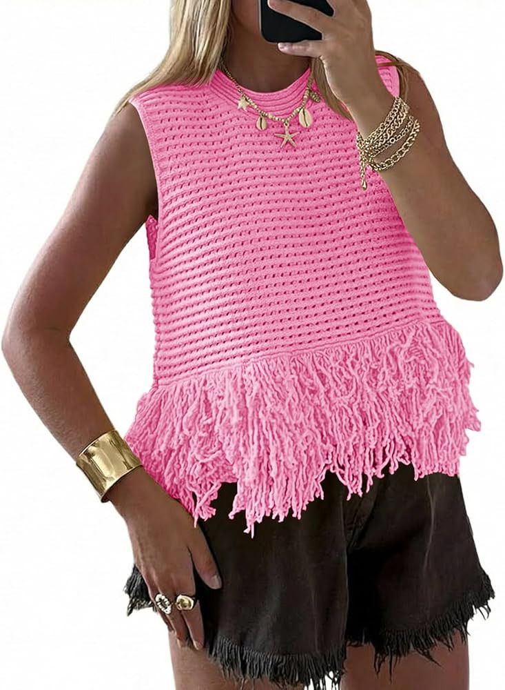 Saodimallsu Womens Crochet Crop Tank Tops Sleeveless Fringe Crew Neck Trendy Boho Knit Summer Swe... | Amazon (US)