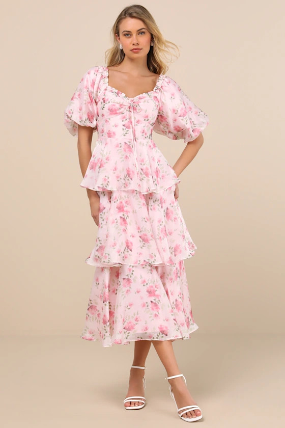 Romilly Light Pink Floral Tiered Midi Dress | Lulus