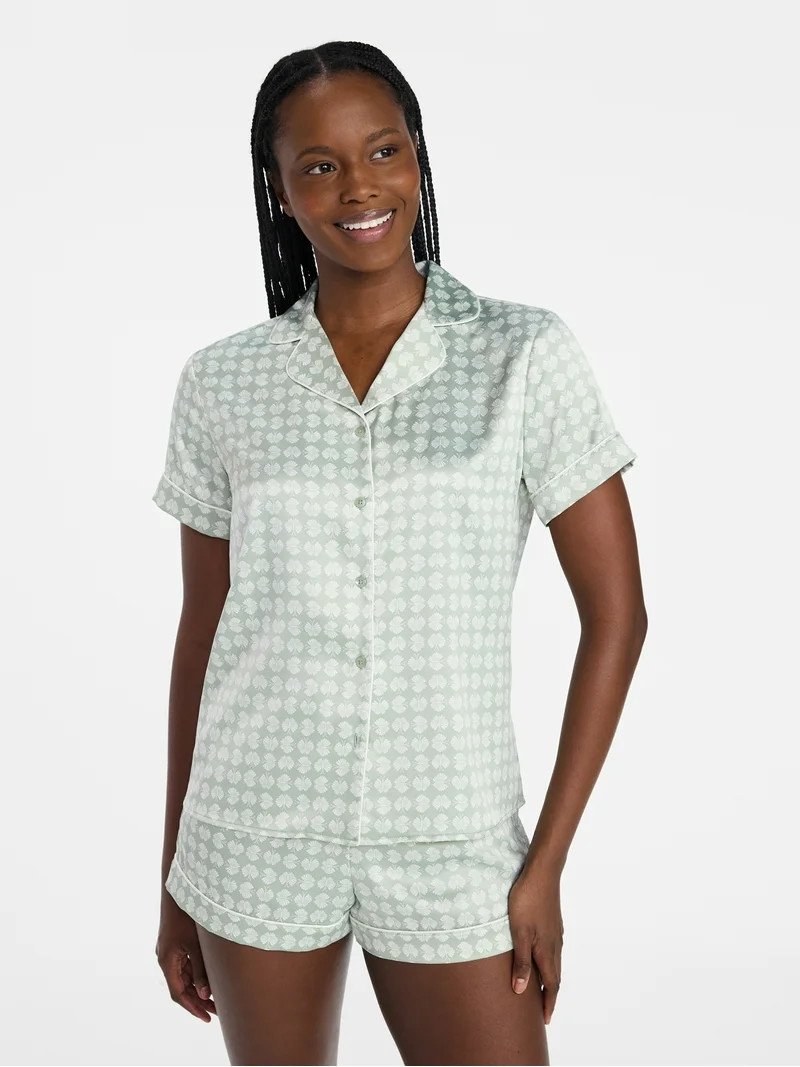 Joyspun Women’s Stretch Satin Short Sleeve Top and Shorts Pajama Set, Sizes XS-3X | Walmart (US)