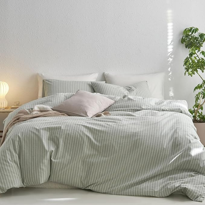 MooMee Striped Duvet Cover Set 100% Washed Cotton Linen Like Textured Breathable Durable Soft Com... | Amazon (US)