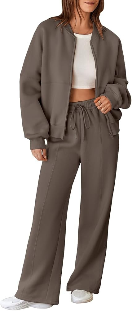 Aleumdr Women's 2 Piece Outfits Oversized Fleece Sweatsuit Zip Up Long Sleeve Sweatshirt with Wid... | Amazon (US)