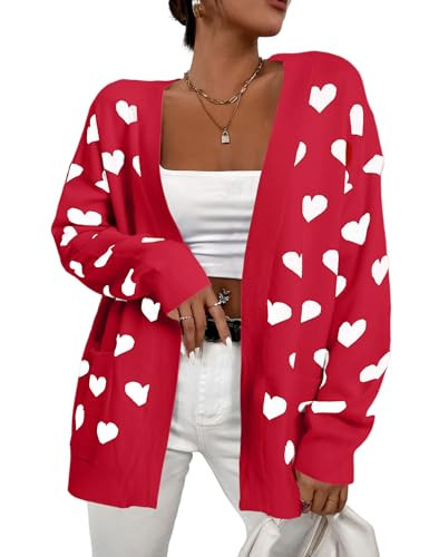 Heart Cardigan Valentines Sweater Women: Valentine Cardigan Love Print Open Front Knit Sweaters Outwear with Pockets A Red | Amazon (US)
