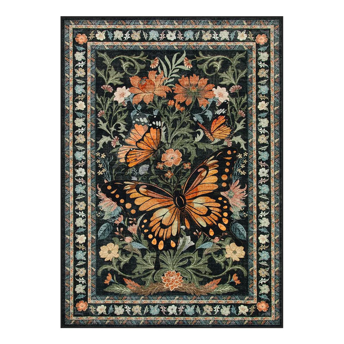 Washable Black Butterfly Floral Rug | Leonie Blossom Style - Lahome | Lahome