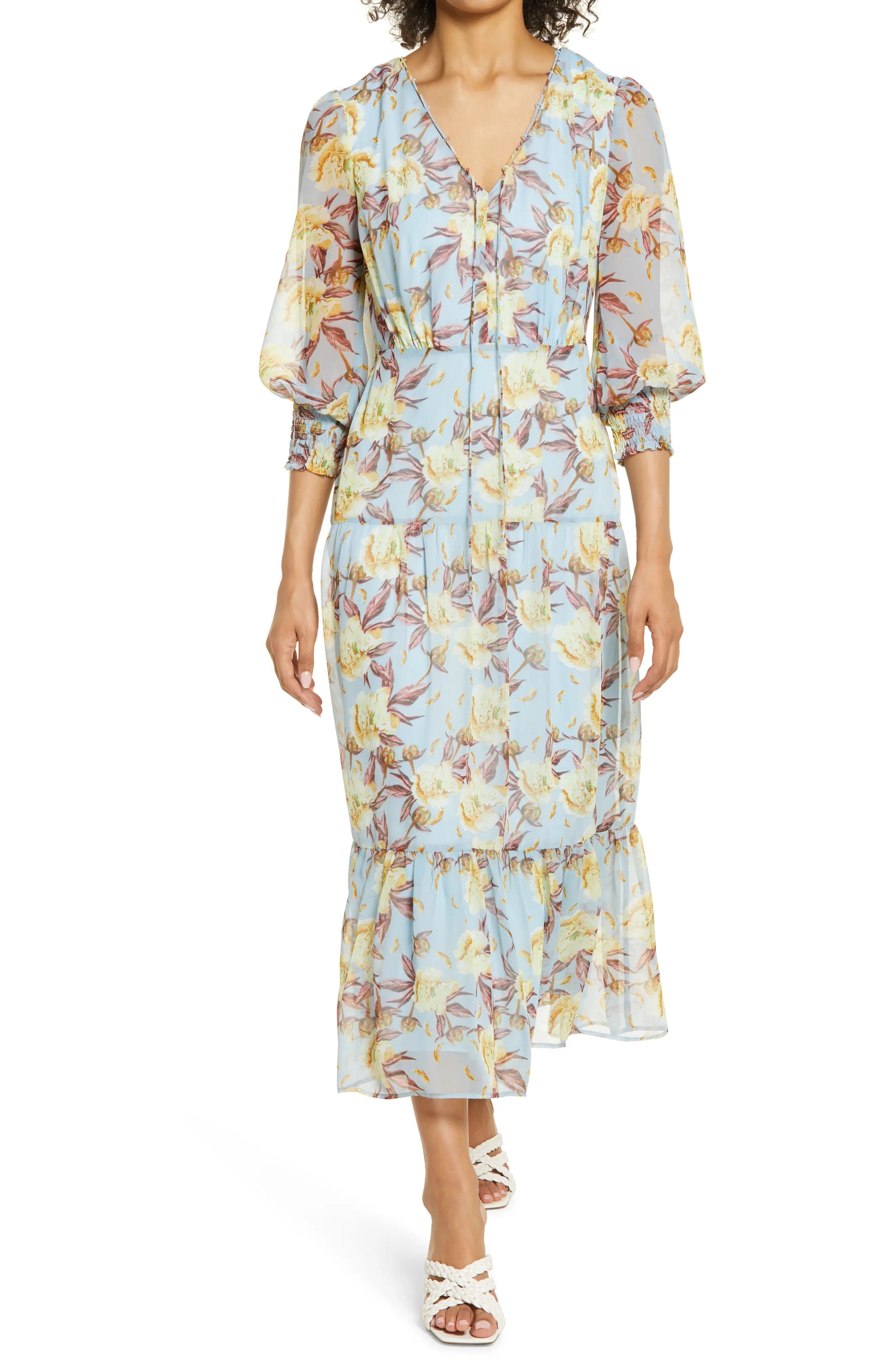 Women's Sam Edelman Soft Floral Chiffon Maxi Dress, Size 0 - Blue | Nordstrom