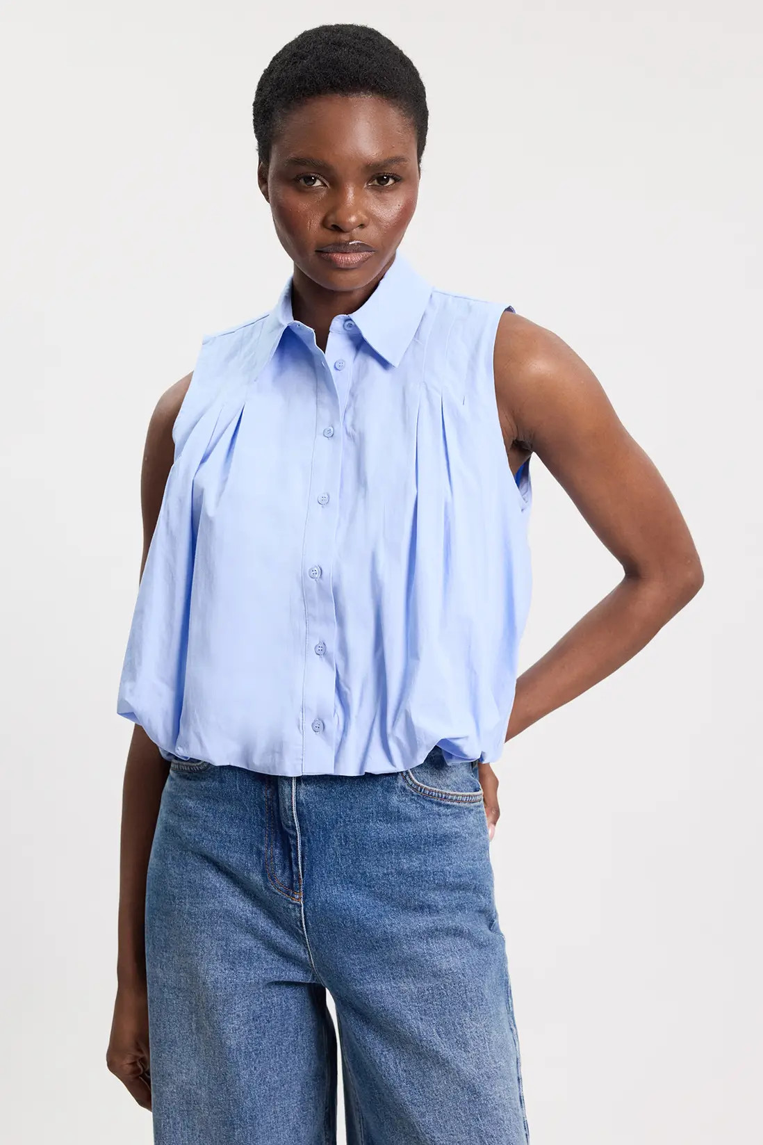 Cotton Sleeveless Puffball Shirt | Karen Millen