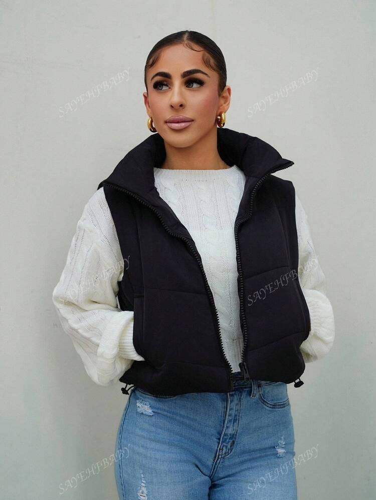 SAYEHFBABY Winter Zip Up Double Face Snap Button Corduroy Drawstring Vest Coat | SHEIN