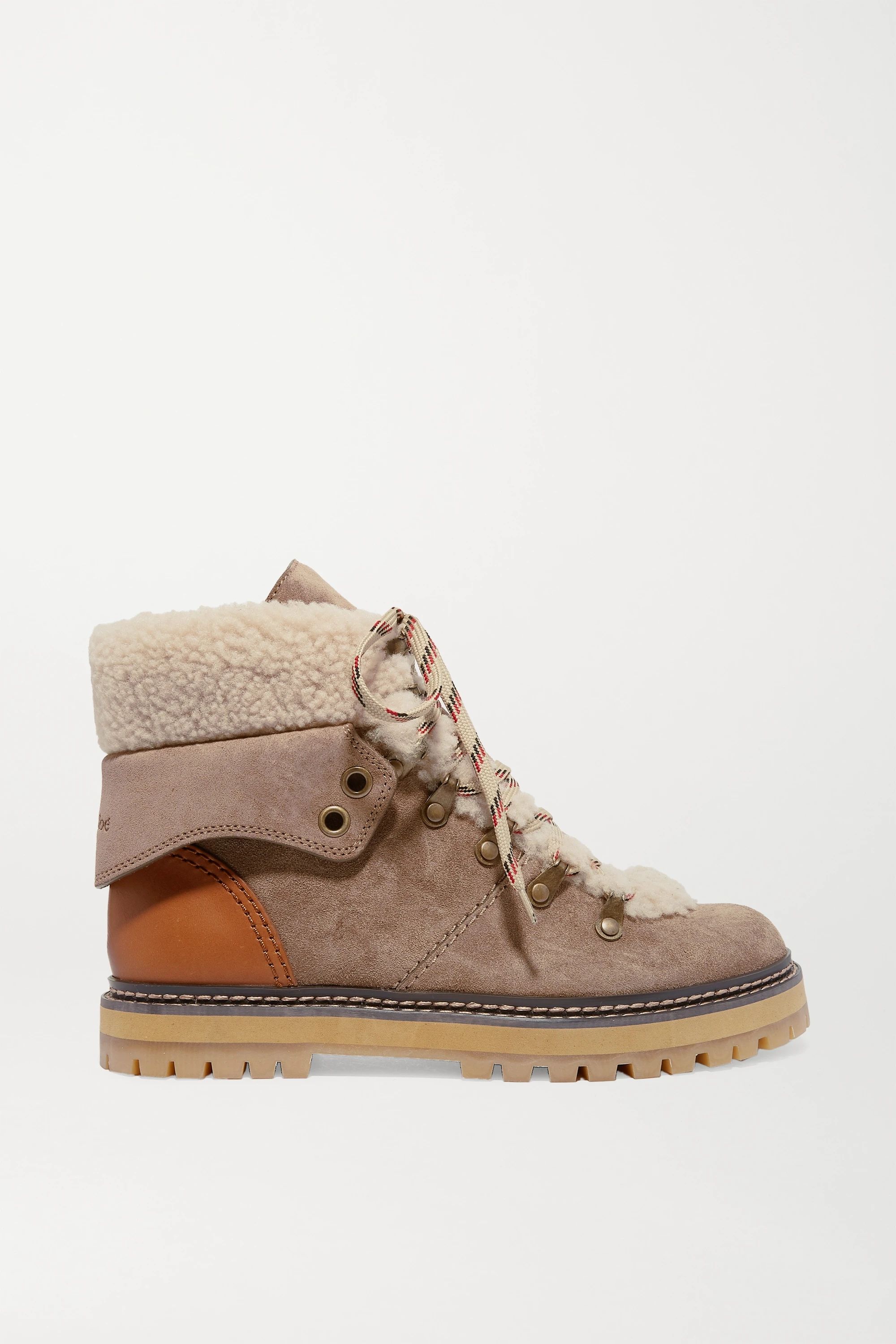 Taupe Shearling and leather-trimmed suede ankle boots | See By Chloé | NET-A-PORTER | NET-A-PORTER (UK & EU)