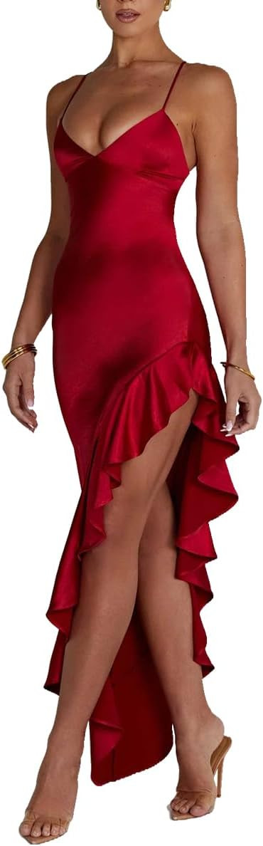 Women's Sexy Satin Spaghetti Strap V Neck Backless Side High Split Ruffle Hem Evening Party Cockt... | Amazon (US)