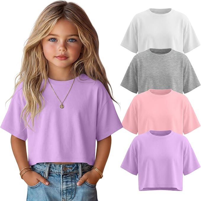 4 Pack Toddler Girls Shirts Crop Tops Baby Girls Crew Neck Cropped T Shirts Short Sleeve Basic Te... | Amazon (US)