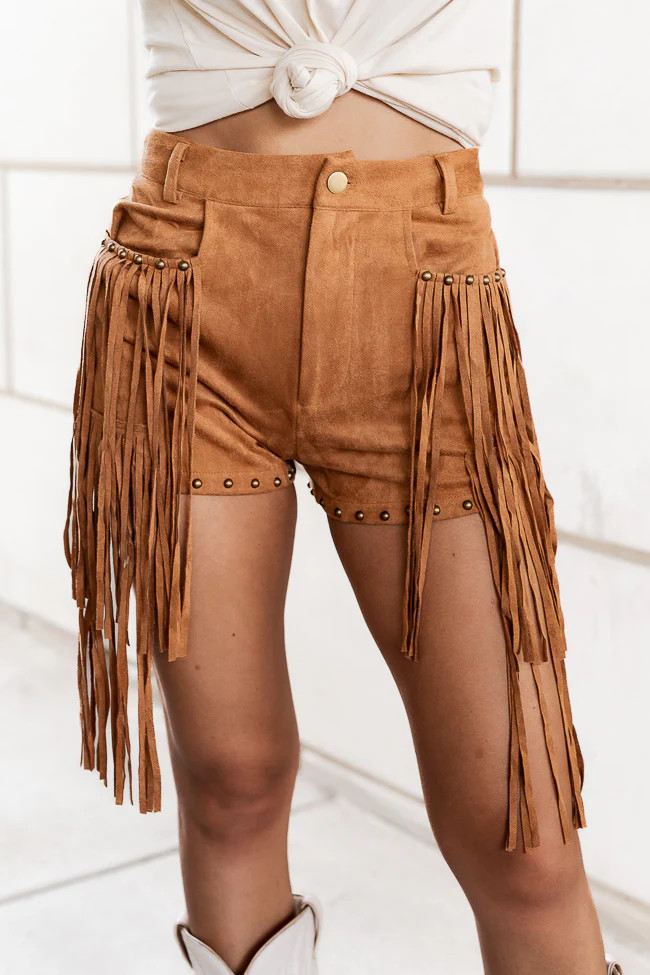 Broadway Girl Camel Suede Studded Fringe Shorts | Pink Lily