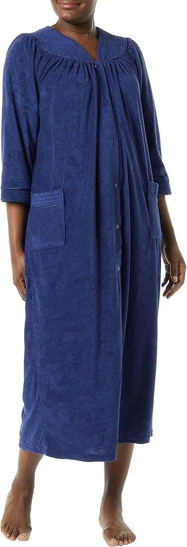 AmeriMark Women's Terry Knit Long Robe Bath Robe w/ Snap Front & Trapunto Trim | Amazon (US)