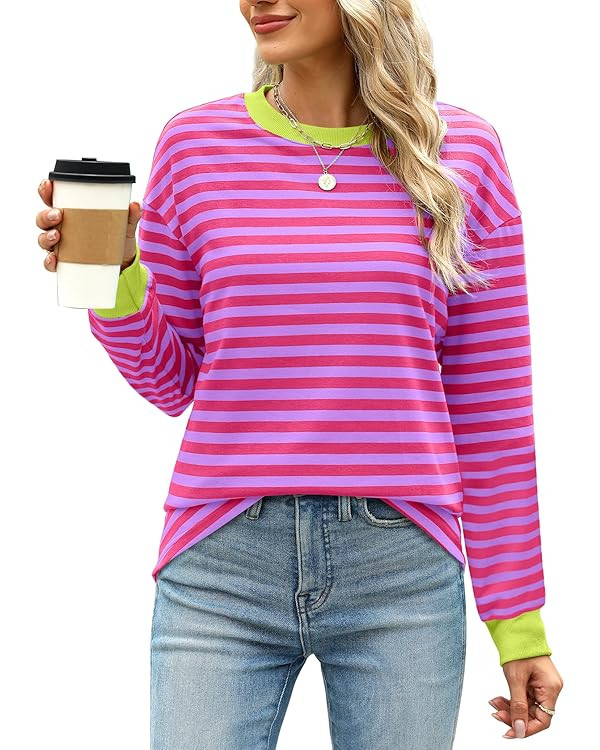 WIHOLL Womens Tunic Tops Long Sleeve Striped Shirts Crewneck Tops | Amazon (US)