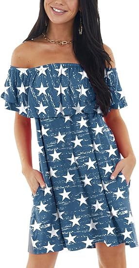 Deerose Womens Off The Shoulder Summer Dress Patriotic Flag Dresses with Pockets | Amazon (US)