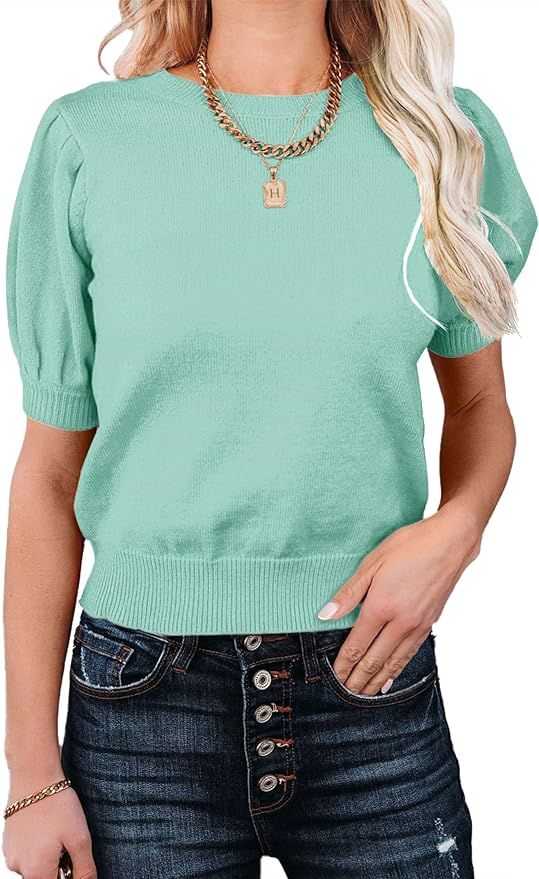 MACNOORA Womens Puff Short Sleeve Sweater Tops Crewneck Basic Knit Pullover Lightweight Solid Cas... | Amazon (US)