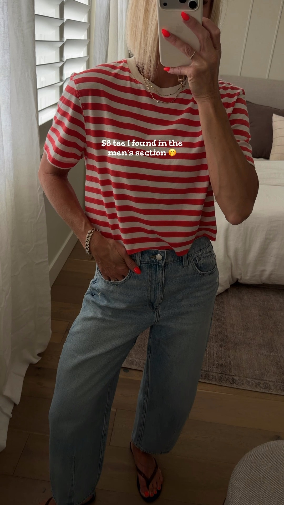 SALE outfit!
How cute is this $8 striped t-shirt I found in the men’s section + $26 barrel jeans that scream designer?! 
Hurry, this sale AND sizes won’t last.
Wearing a medium in t shirt, then cut it (a little below my belly button is my preferred length) and sized up to a 6 reg length for a looser fit in jeans.

#LTKmomlife #LTKOver40 #LTKSaleAlert