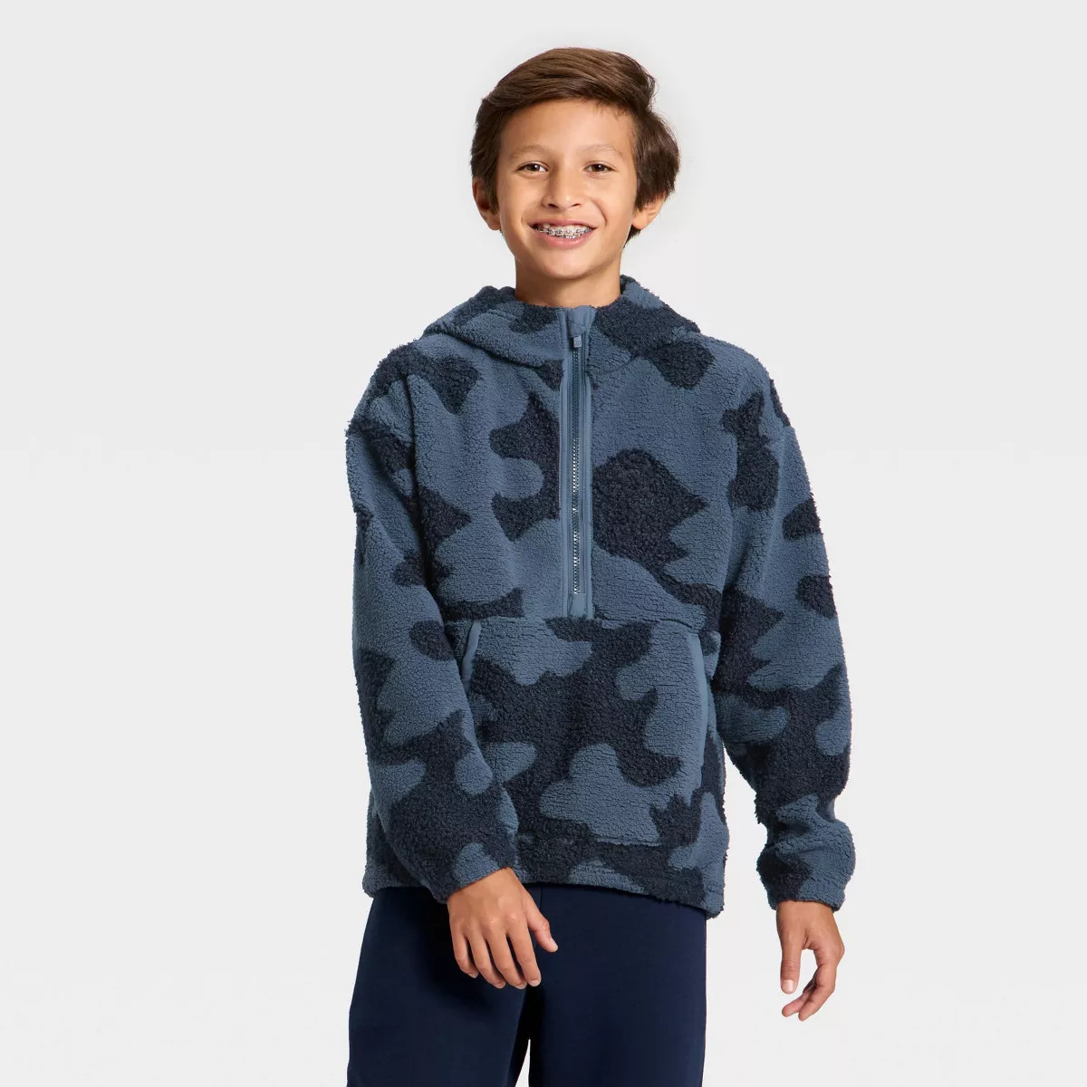 Boys' High-Pile Fleece 1/2 Zip Hoodie - All In Motion™ Blue L | Target
