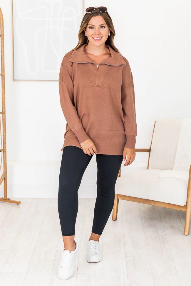 Pulling Heartstrings Camel Quarter Zip Pullover | Pink Lily