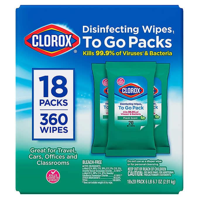Clorox Disinfecting On The Go Travel Wipes, Fresh Scent, 20 Count, Pack of 18-360 Wipes Total | Amazon (US)