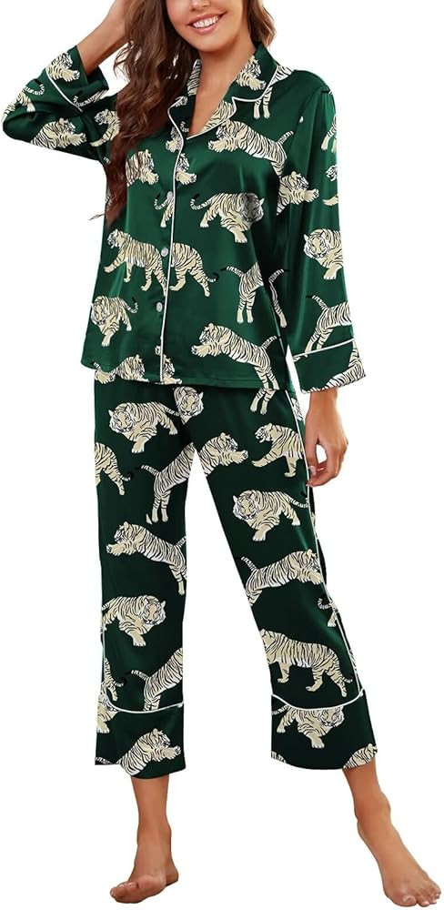 Brosloth Women's Silk Satin Pajamas Pjs Sets Cute Lace Pattern Two Piece Loungewear Set Button Up... | Amazon (US)