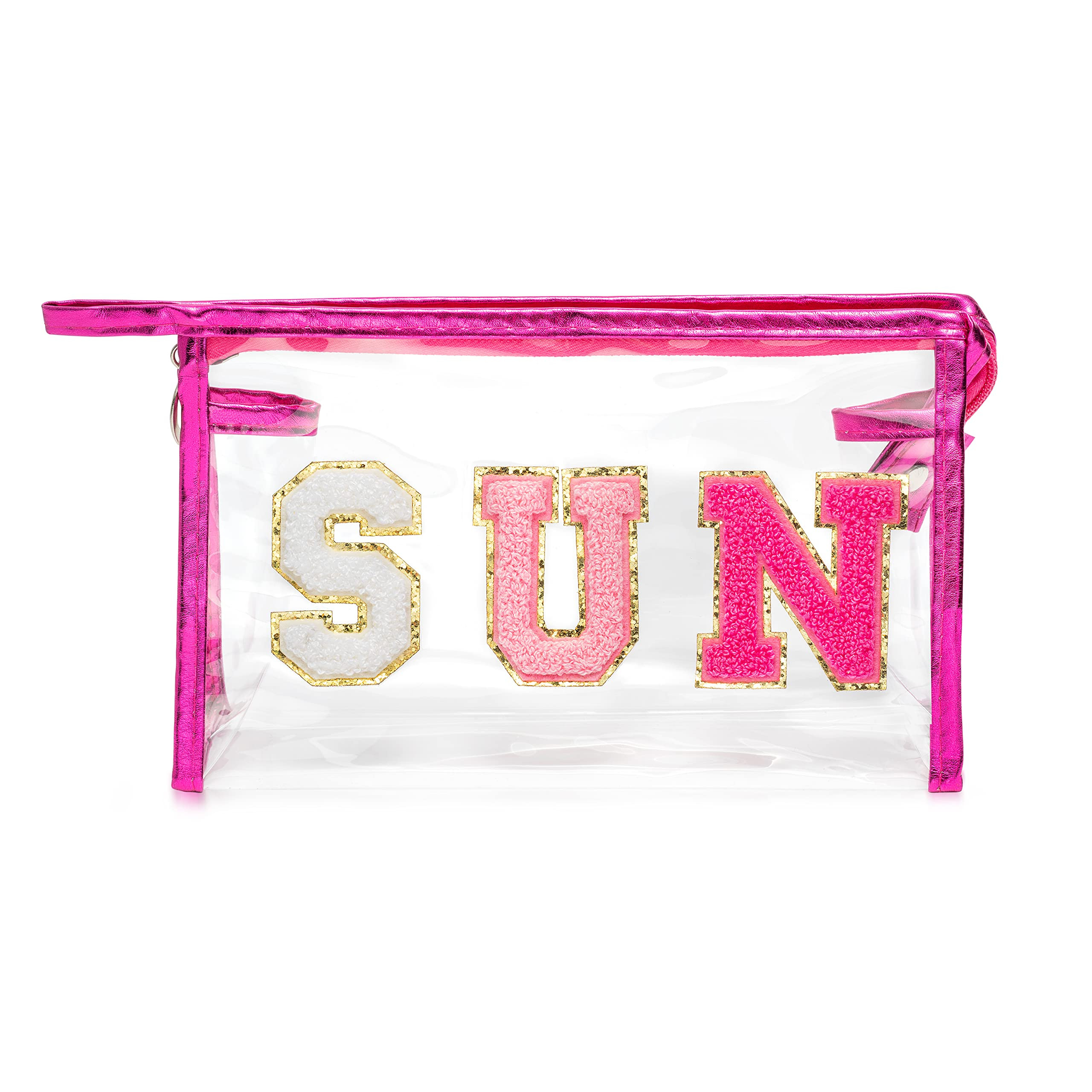 Y1tvei Preppy Patch SUN Varsity Letter Cosmetic Toiletry Bag Transparent PVC Zipper Makeup Bag Cl... | Amazon (US)