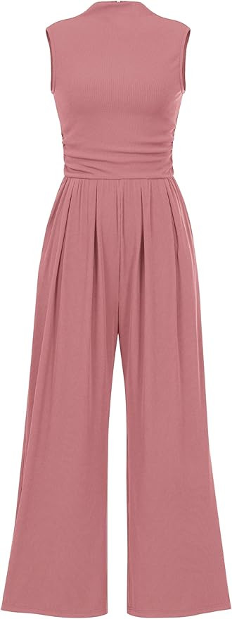 PRETTYGARDEN Womens Summer One Piece Sleeveless Mock Neck Wide Leg Pants Rompers With Pockets | Amazon (US)