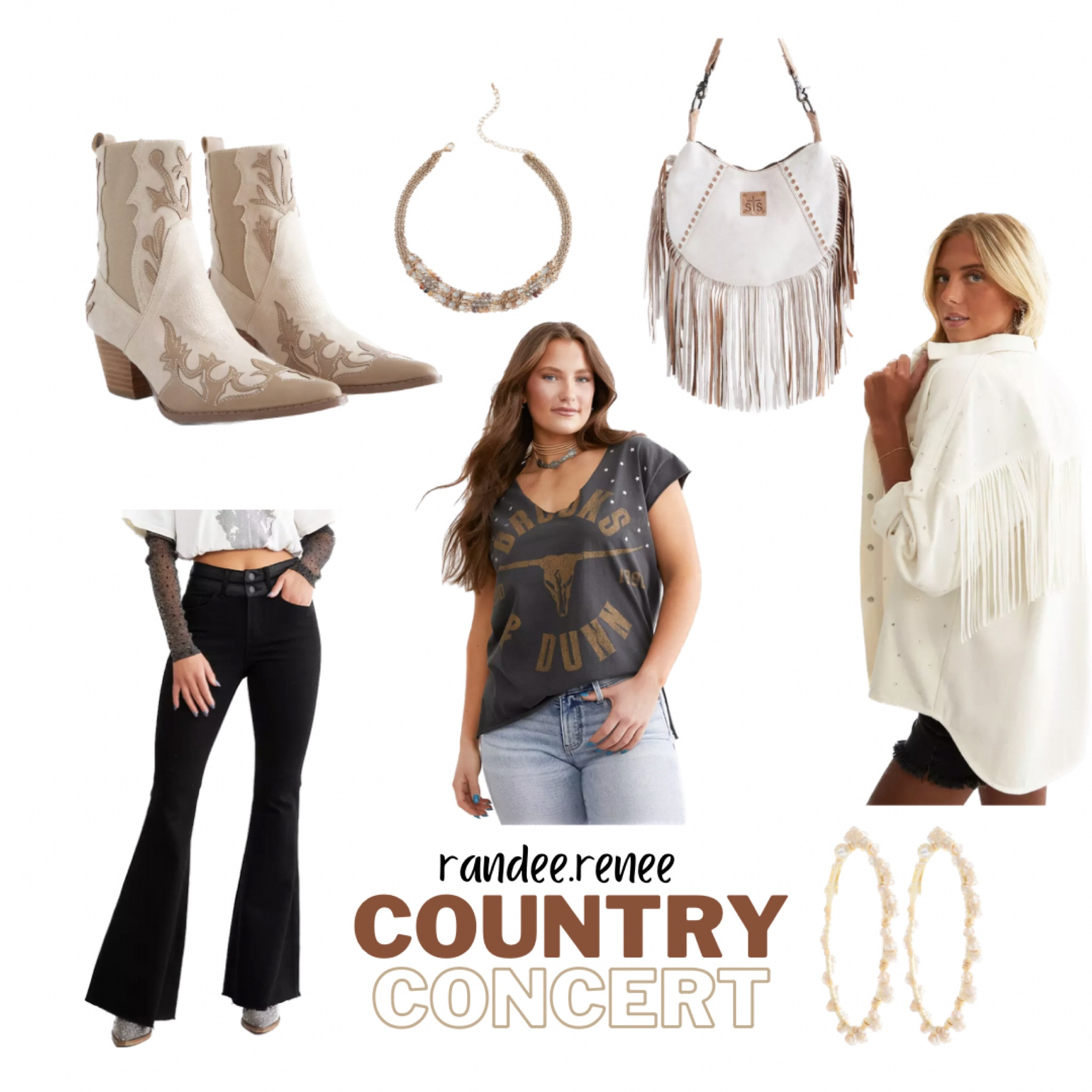So many cute country concert outfit ideas out there right now! These pieces: black flare jeans, custom looking T-shirt, fringe shacket, super cute beige and cream booties, this fringe bag and jewelry would be so cute together or to finish off your the outfit you have already going! 

#LTKshoecrush #LTKstyletip #LTKover40