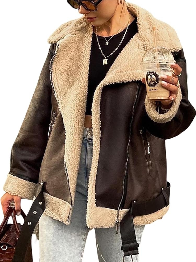 VnimVinter Women Winter Sherpa Lined Leather Jacket Fleece Lined Moto Bomber Zip Up Cropped Coat ... | Amazon (US)