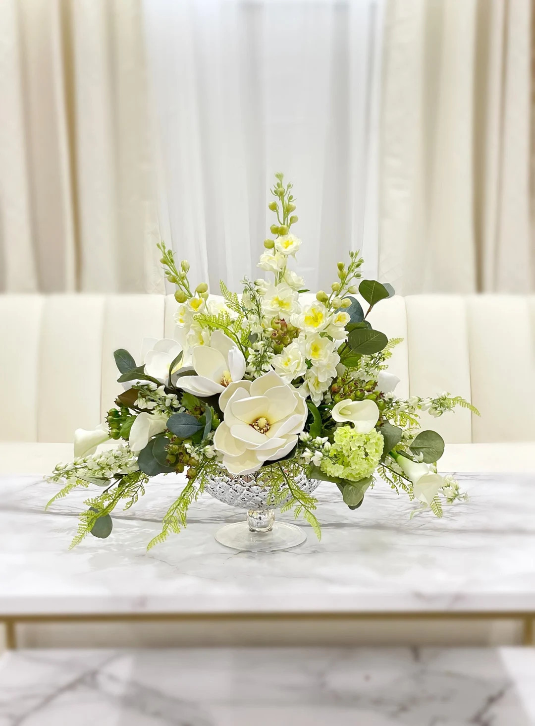 Large Real Touch Silk Magnolia Floral Arrangement-long Table Arrangement-white/cream Flower Arran... | Etsy (US)
