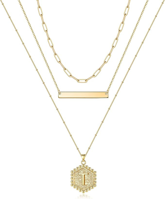 Gold Layered Initial Necklaces for Women, 14K Gold Plated Bar Necklace Handmade Layering Hexagon ... | Amazon (US)