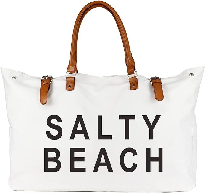 Beach Bag with Vegan Leather Handle, Extra Large Beach Bag for Women Waterproof Sandproof, White | Amazon (US)