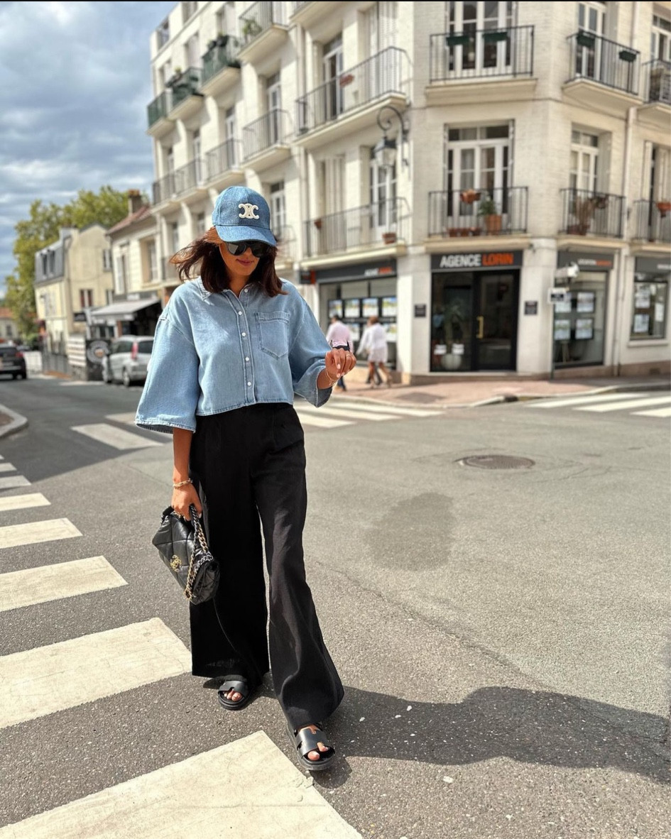 chemise courte en jean, top denim, chemise ample en jean bleue, pantalon ample noir, sandales Chypre Hermès 

#LTKstyletip #LTKeurope