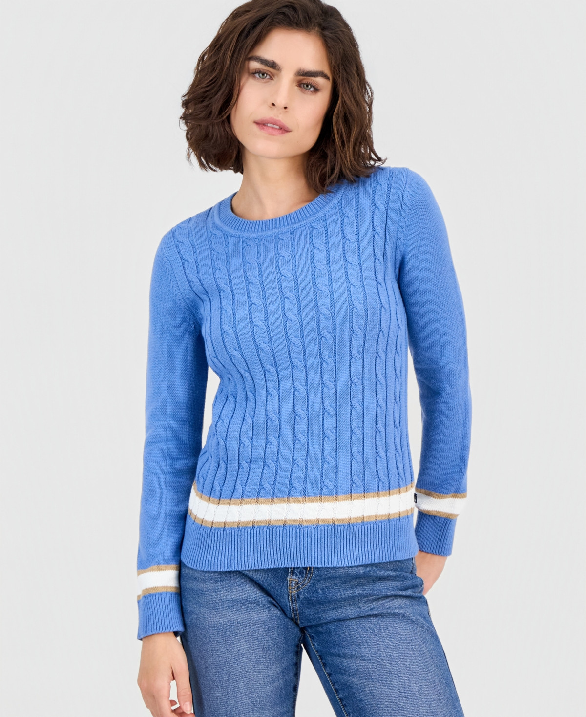 Nautica Jeans Women's Thick-Tipped Cable-Knit Crewneck Sweater - Blue Haze Multi | Macy's