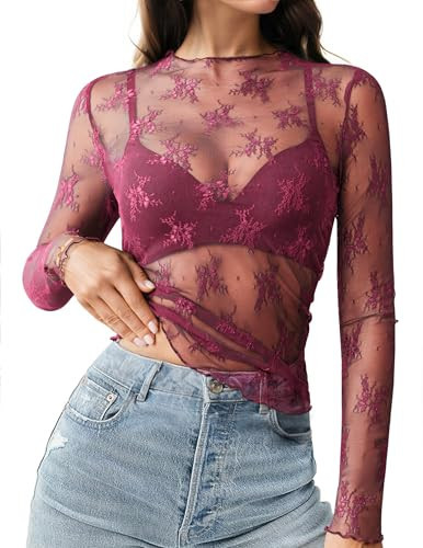 HOTOUCH Lace Long Sleeve Top for Women Mesh Layering Top Mock Neck Floral See Through Tops Hot Pink Lace Top L | Amazon (US)
