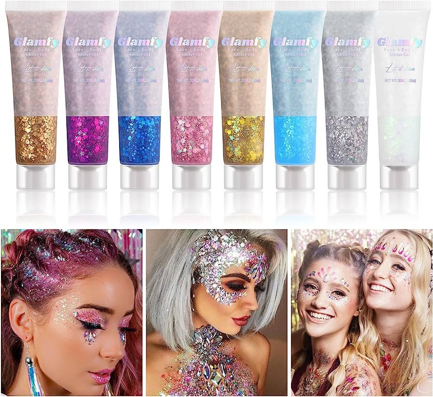 8 Color Body Glitter,Face Glitter Gel,Hair Glitter,Self Adhesive Glitter Gel,Chunky Glitter Festi... | Amazon (US)