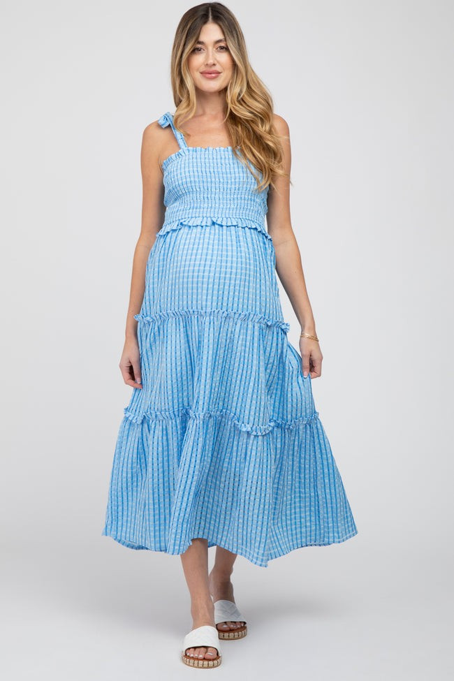 Blue Striped Smocked Shoulder Tie Maternity Midi Dress | PinkBlush Maternity