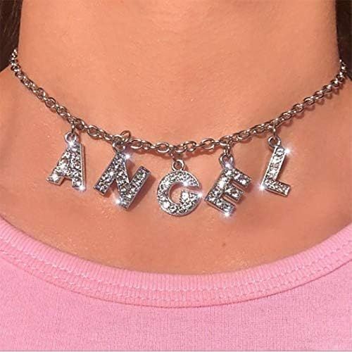 Earent Sparkly Crystal Choker Necklace Silver Letter Pendant Necklaces Chain Glitter Rhinestone Jewe | Amazon (US)