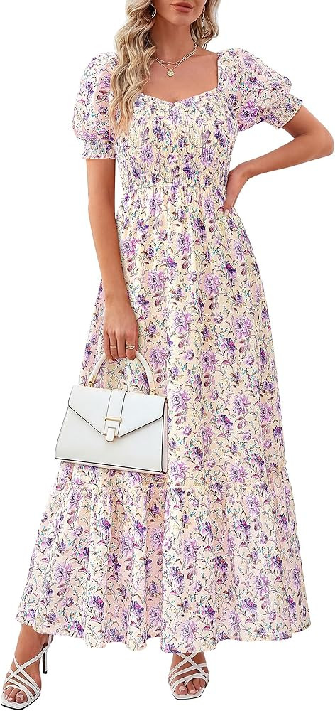 PRETTYGARDEN Women's Floral Boho Maxi Dresses Flowy Short Sleeve A Line Smocked Eyelet 2026 Summe... | Amazon (US)