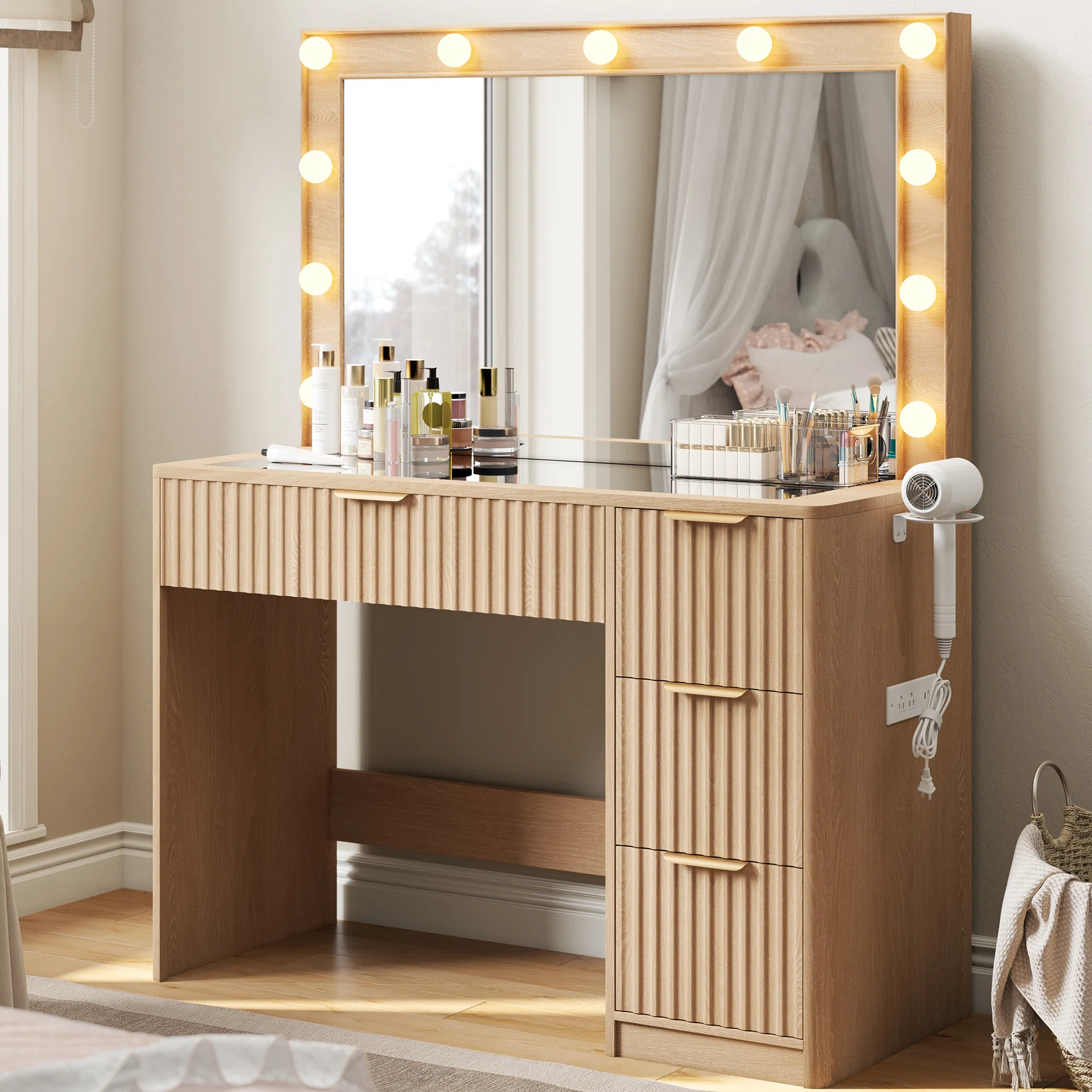 36.2" W Modern Vanity Desk With 4 Drawers, Led Lighted Mirror & Power Outlets, Natural | Wayfair North America
