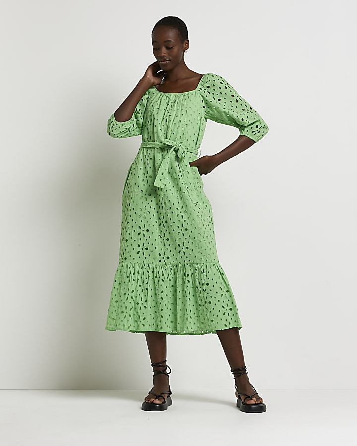 Green broderie smock midi dress | River Island (UK & IE)