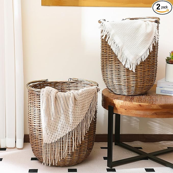 Boao Set of 2 Large Rattan Storage Basket - Round Handwoven Wicker Blanket Organization Baskets w... | Amazon (US)