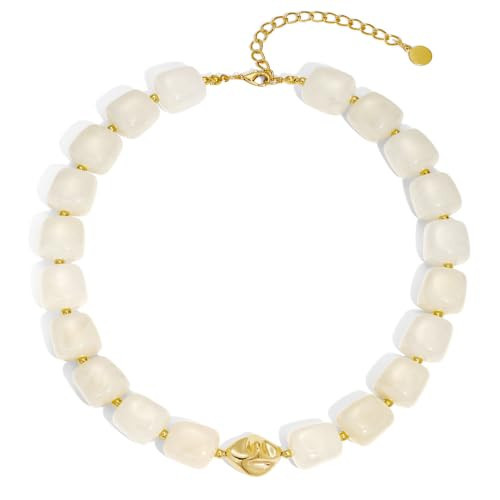 ACAUTO White Chunky Beaded Statement Necklace for Women, Large Square Resin Bead Boho Choker Necklaces, Trendy Handmade Summer Beach Jewelry Gifts | Amazon (US)