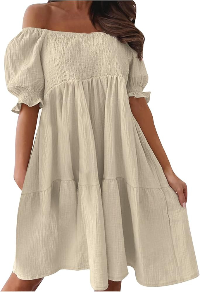 KSSammer Women Dress V Neck Ruffle Short Sleeve Solid Color Fashion Casual Dress Women's Dress for N | Amazon (US)